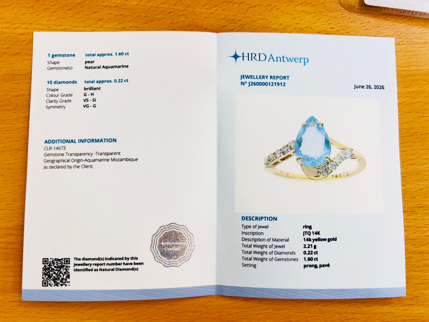 1.82 Ct Pear Natural Aquamarine 14K Gold Ring