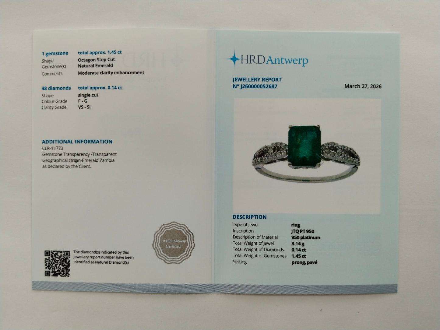 1.59 Ct Octagon Step Cut Natural Emerald 950 Platinum Ring