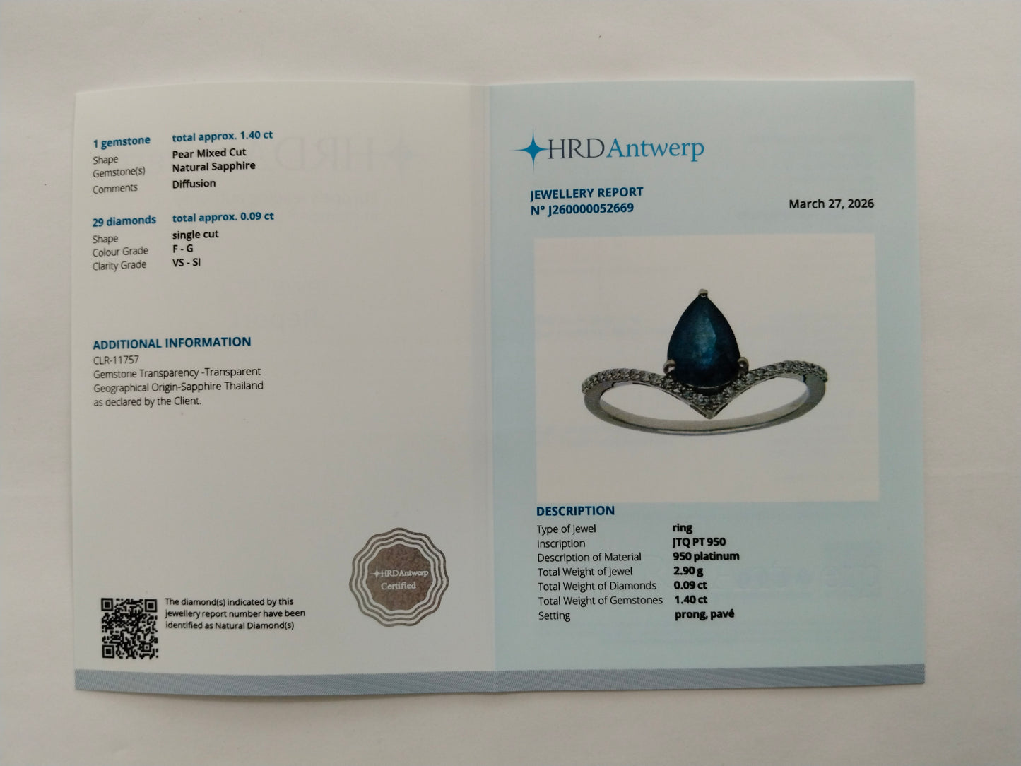 1.49 Ct Pear Mixed Cut Natural Sapphire 950 Platinum Ring