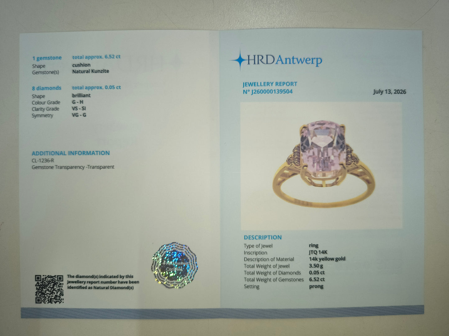6.57 Ct Cushion Natural Kunzite 14K Gold Ring