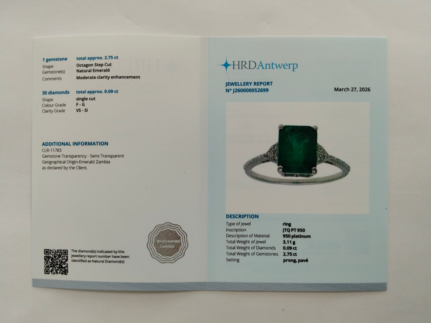 2.84 Ct Octagon Step Cut Natural Emerald 950 Platinum Ring