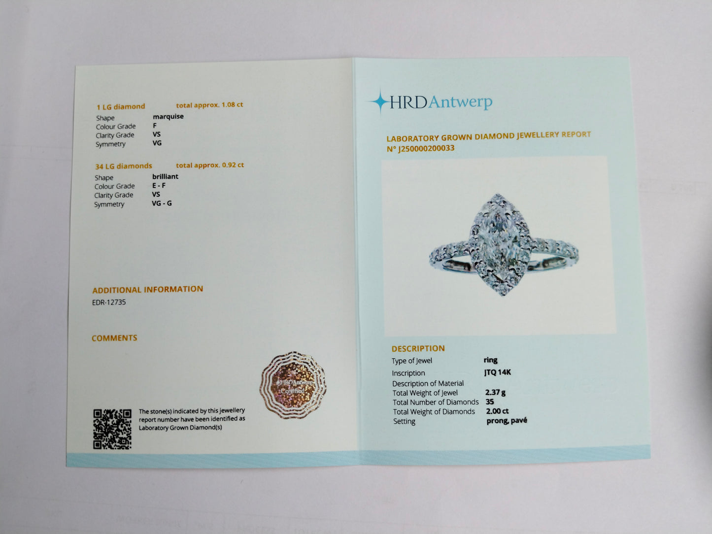 2.00 Carats Lab Grown Diamond 14K Gold Ring