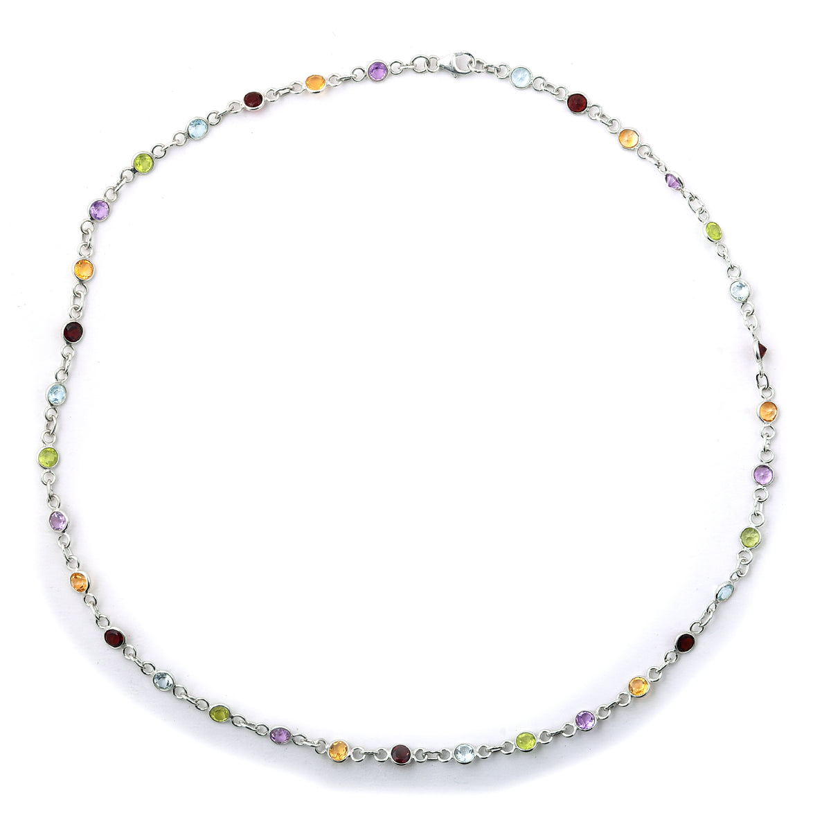 9.26 Ct Round Garnet, Peridot, Blue Topaz, Citrine, Amethyst 925 Sterling Silver Necklace
