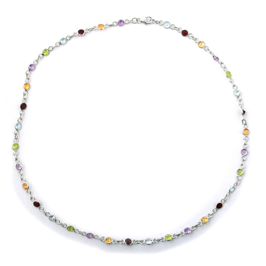 9.26 Ct Round Garnet, Peridot, Blue Topaz, Citrine, Amethyst 925 Sterling Silver Necklace