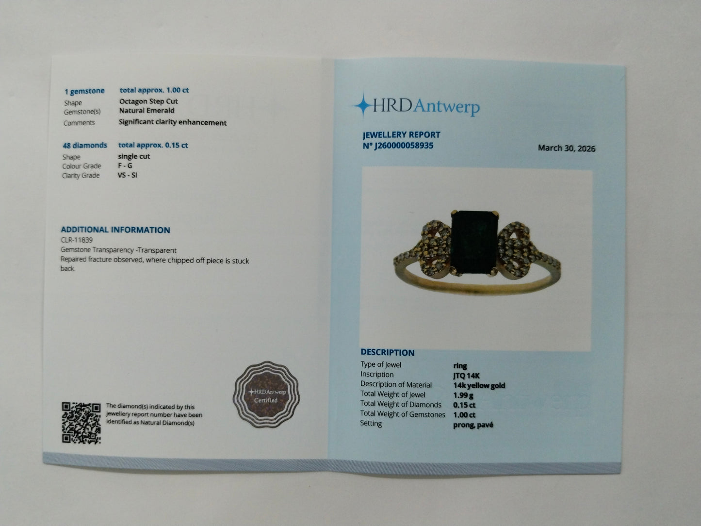 1.15 Ct Octagon Step Cut Natural Emerald 14K Gold Ring
