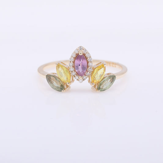 1.09 Ct Marquise Mixed Cut Natural Multi-Coloured Sapphire 14K Gold Ring