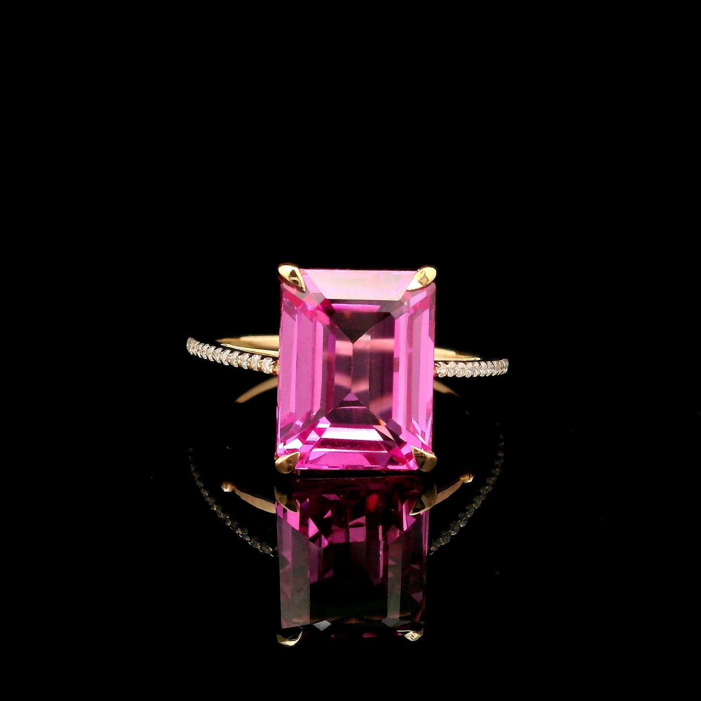 7.42 Ct Emerald Cut Lab Grown Pink Sapphire 14K Gold Ring