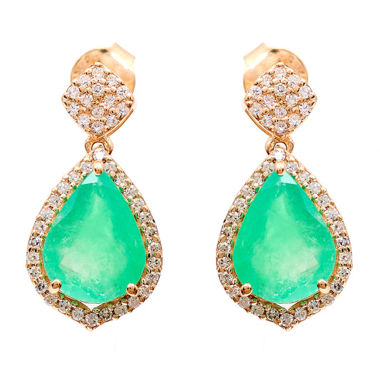 3.21 Ct Pear Natural Emerald 14K Gold Earrings