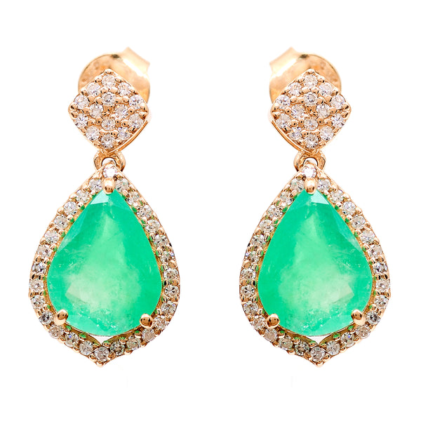 3.21 Ct Pear Natural Emerald 14K Gold Earrings
