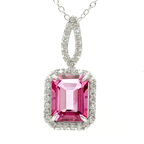 3.56 Ct Octagon Pink Topaz, White Zircon 925 Sterling Silver Pendant