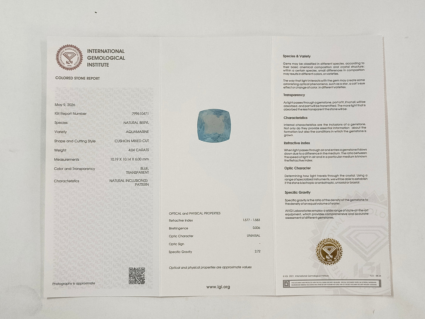 4.04 Natural Beryl Aquamarine Cushion Mixed Cut Gemstone