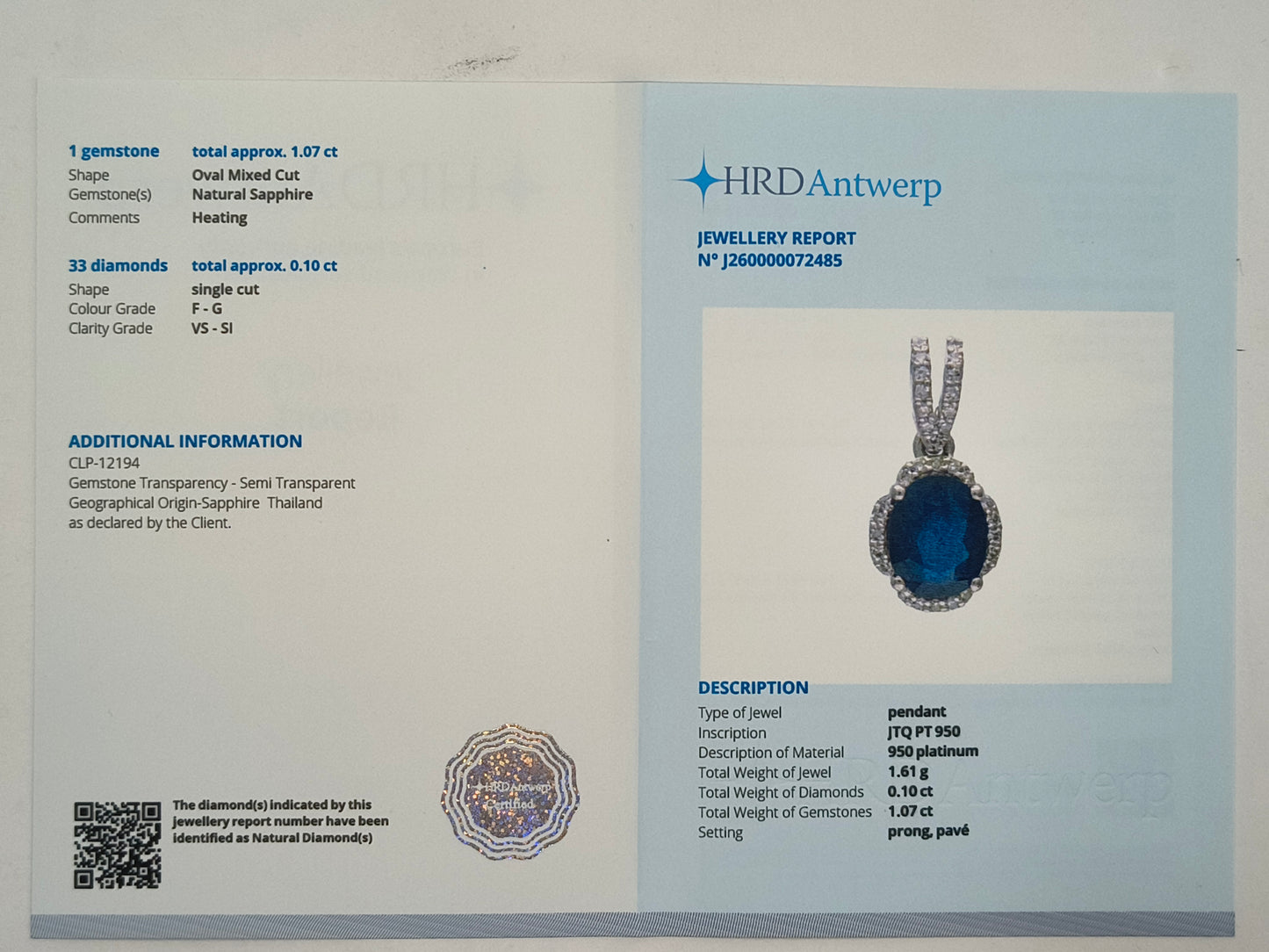 1.17 Ct Oval Mixed Cut Natural Sapphire 950 Platinum Pendant