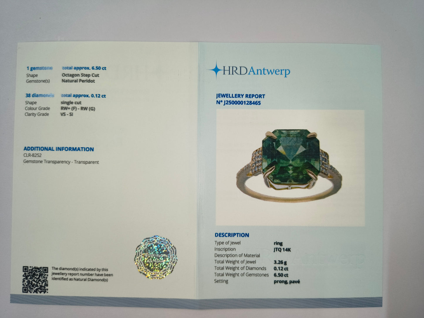 6.62 Ct Octagon Natural Eridot 14K Gold Ring