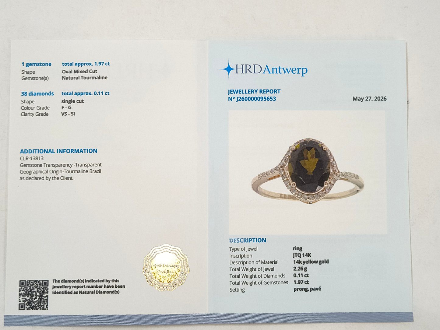 2.08 Ct Single Cut Natural Tourmaline 14K Gold Ring
