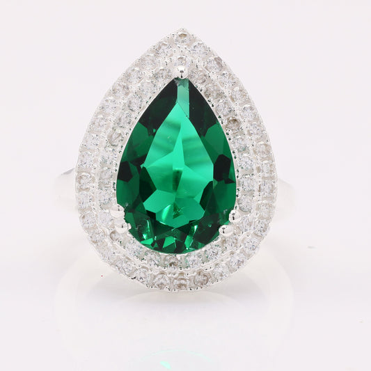 6.11 Ct Pear Created Emerald 925 Silver Ring