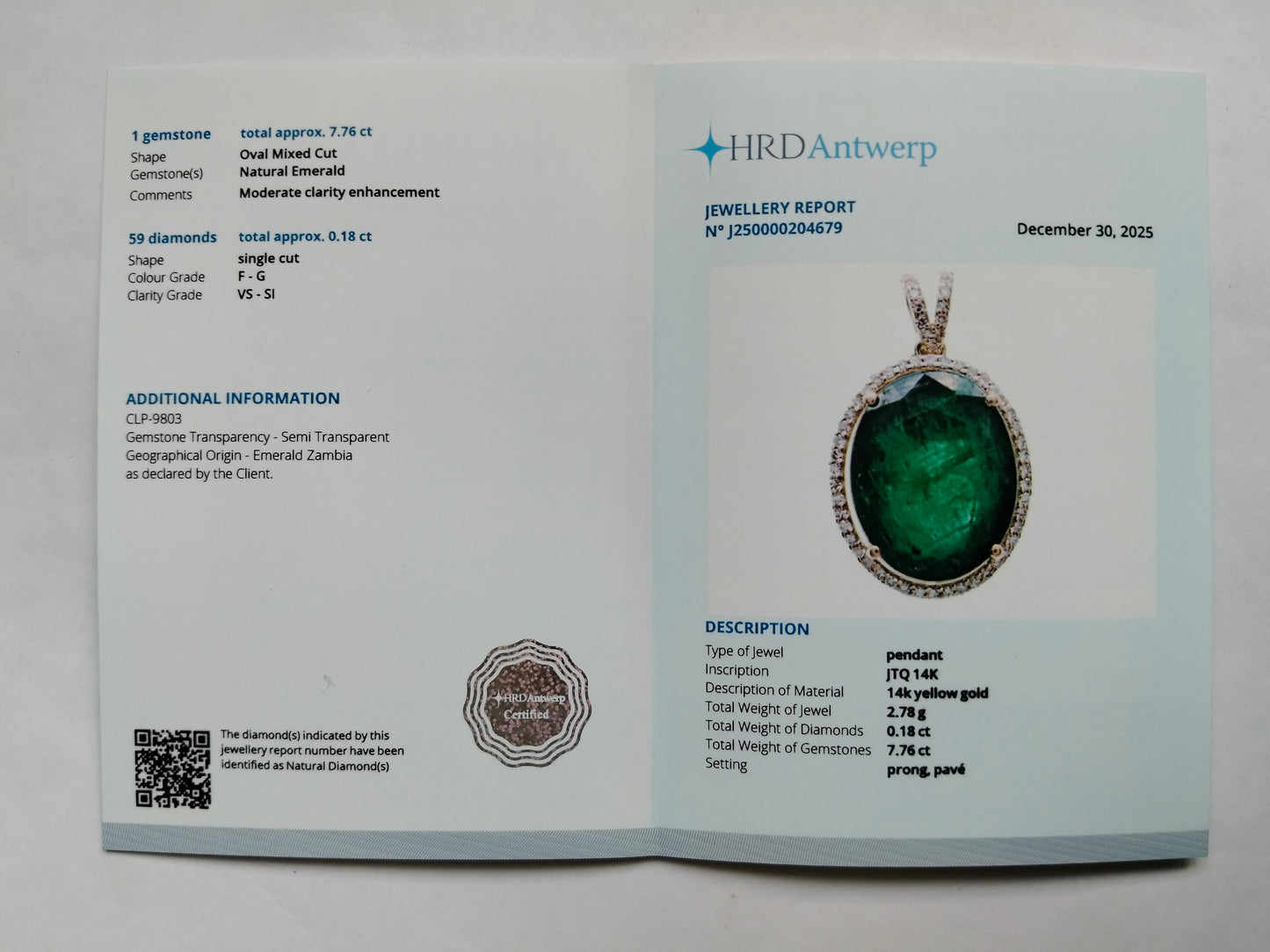 7.94 Ct Oval Mixed Cut Natural Emerald 14K Gold Pendant