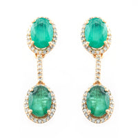 3.40 Ct Oval Mixed Cut Natural Emerald 14K Gold Earrings