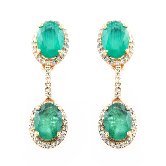 3.40 Ct Oval Mixed Cut Natural Emerald 14K Gold Earrings