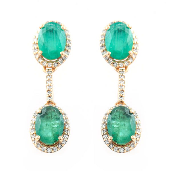 3.40 Ct Oval Mixed Cut Natural Emerald 14K Gold Earrings