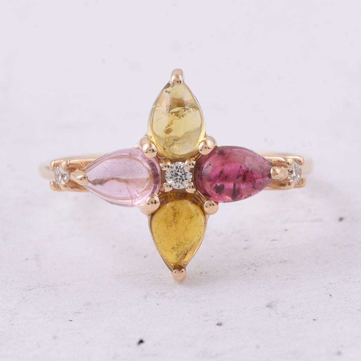 1.80 Ct Pear Cabochon Natural Multi Coloured Tourmaline 14K Gold Ring