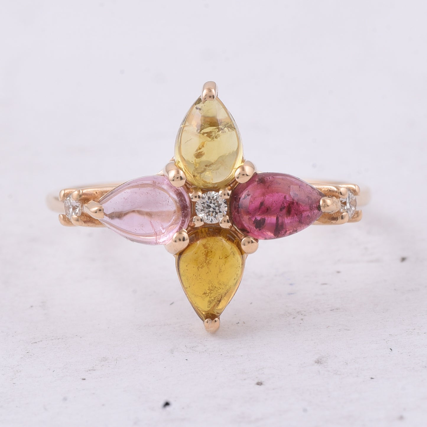 1.80 Ct Pear Cabochon Natural Multi Coloured Tourmaline 14K Gold Ring