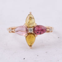 1.80 Ct Pear Cabochon Natural Multi Coloured Tourmaline 14K Gold Ring