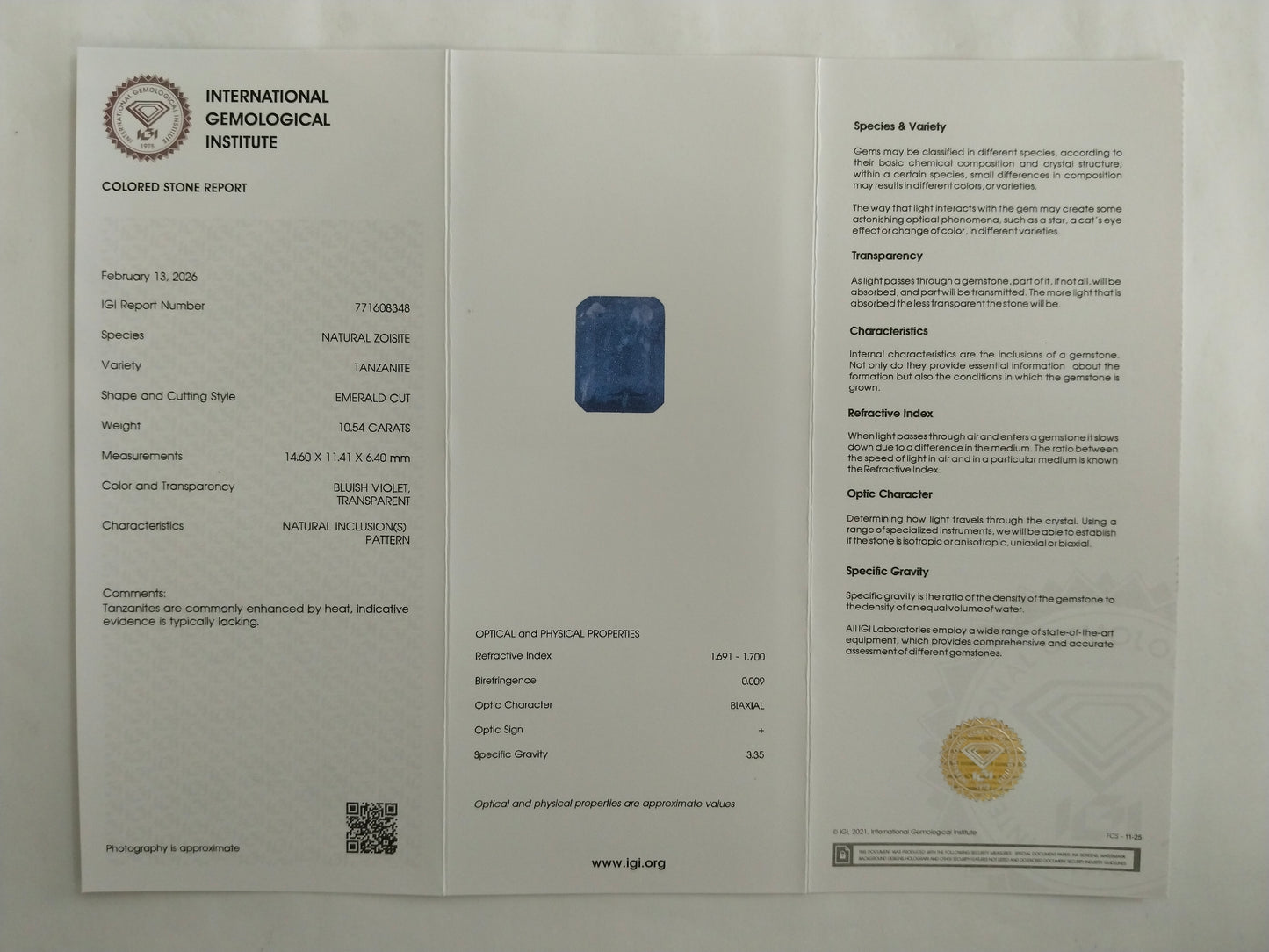 10.54 Natural Zoisite Tanzanite Emerald Cut Gemstone