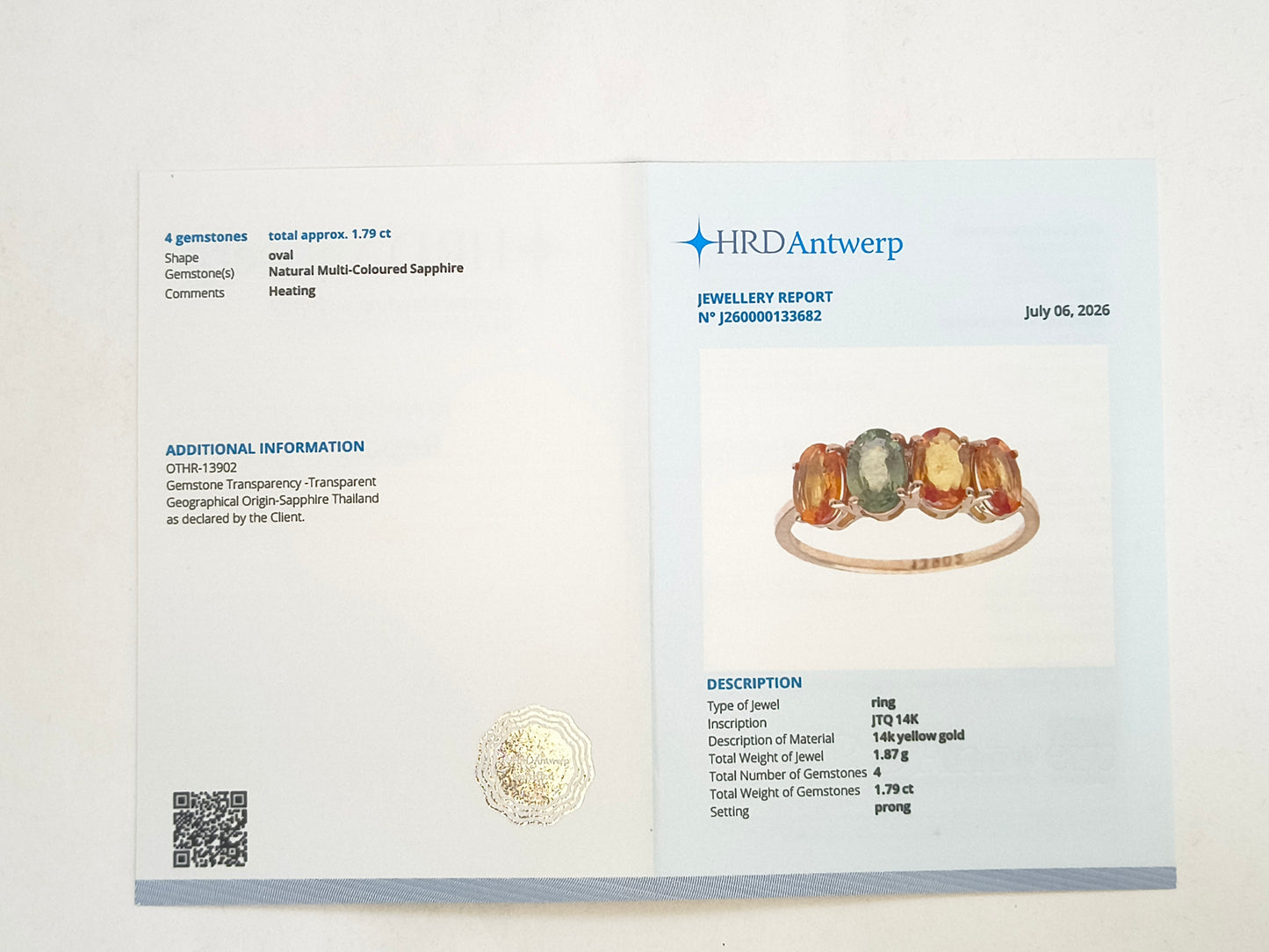 1.79 Ct Oval, Pear Natural Multi-Coloured Sapphire 14K Gold Ring