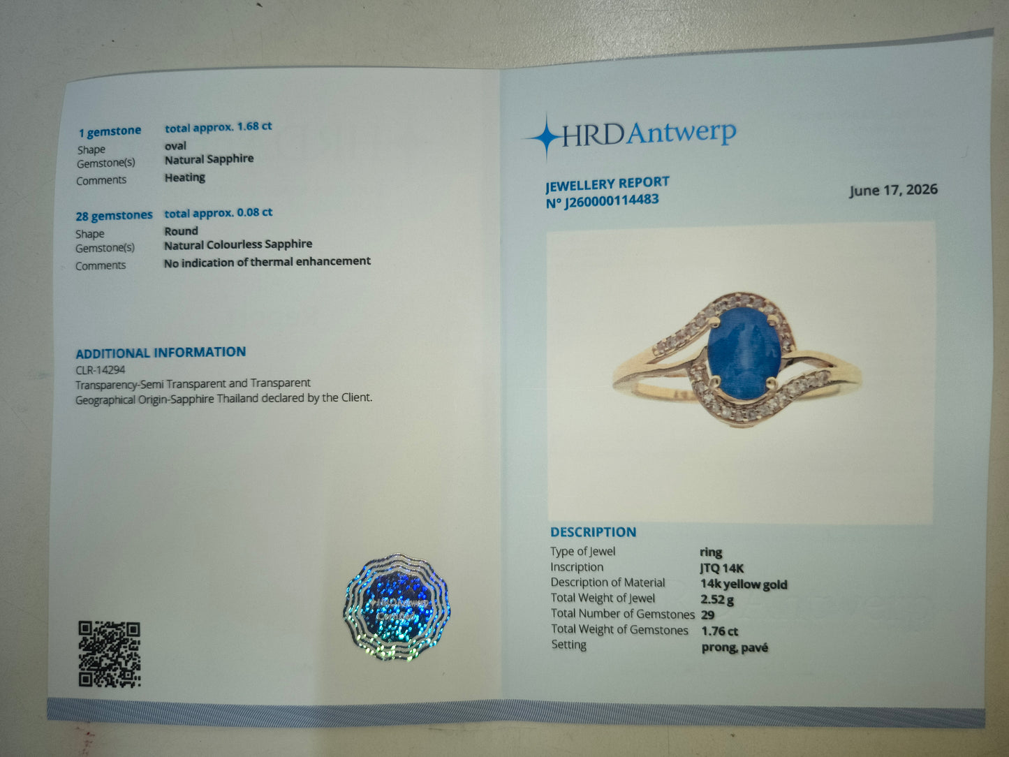 1.76 Ct Oval Natural Sapphire 14K Gold Ring
