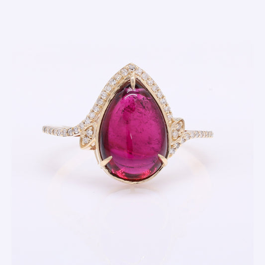 5.64 Ct Pear Cabochon Natural Tourmaline 14K Gold Ring