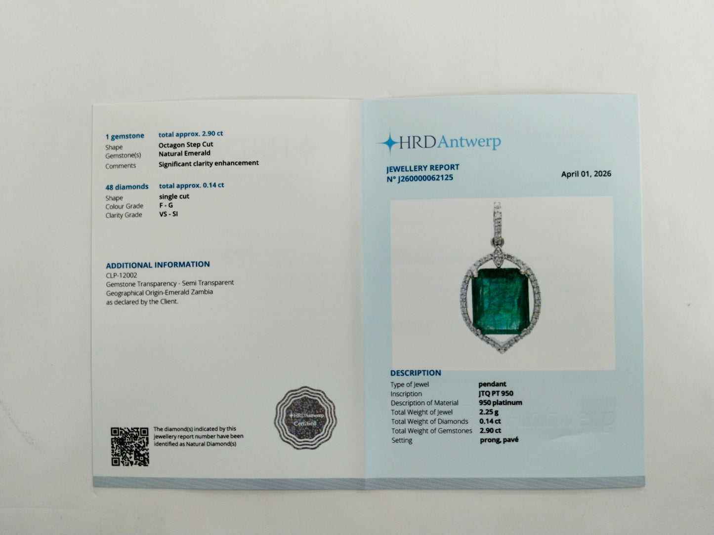 3.04 Ct Octagon Step Cut Natural Emerald 950 Platinum Pendant