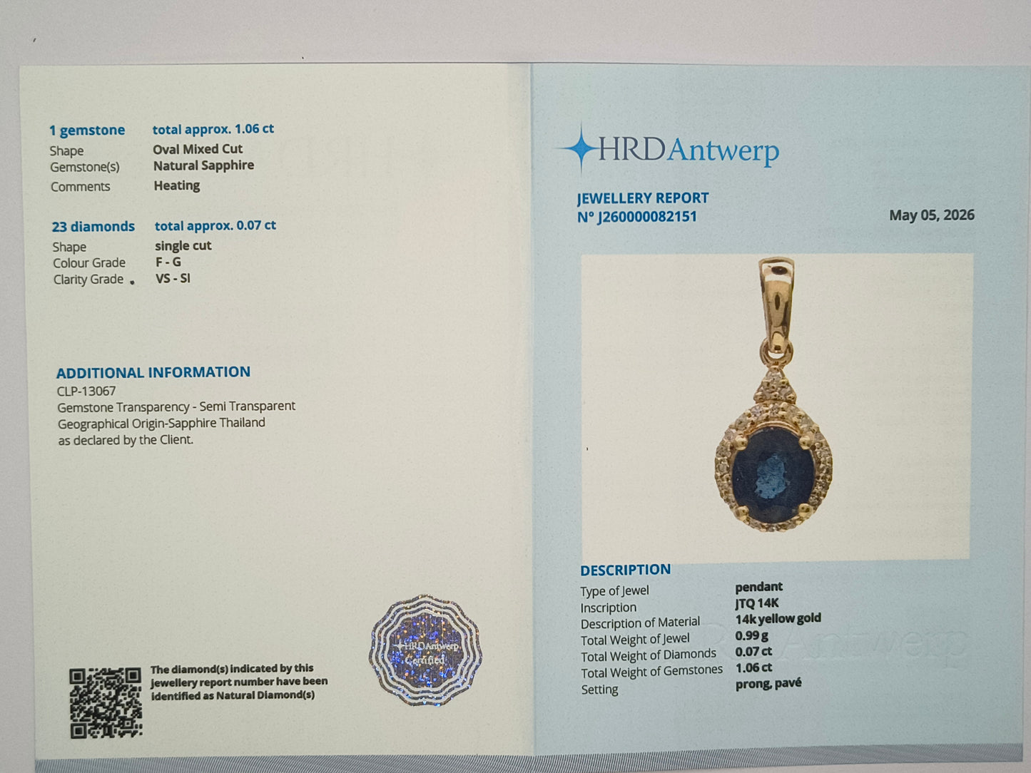 1.13 Ct Oval Mixed Cut Natural Sapphire 14K Gold Pendant