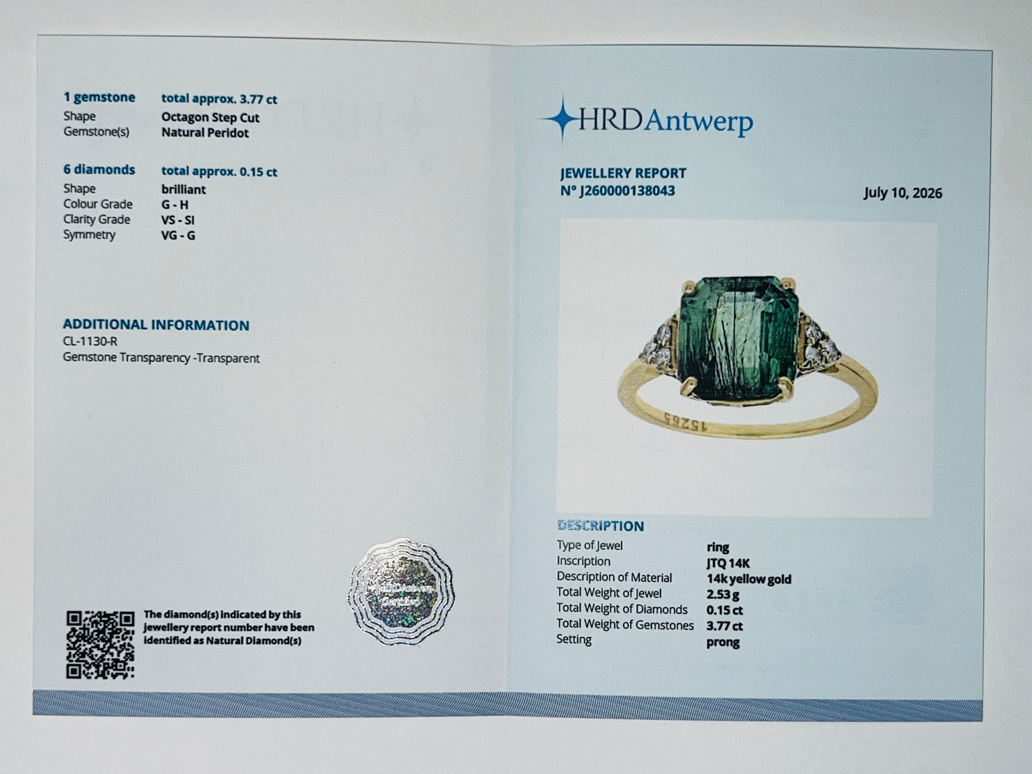 3.92 Ct Octagon Natural Peridot 14K Gold Ring