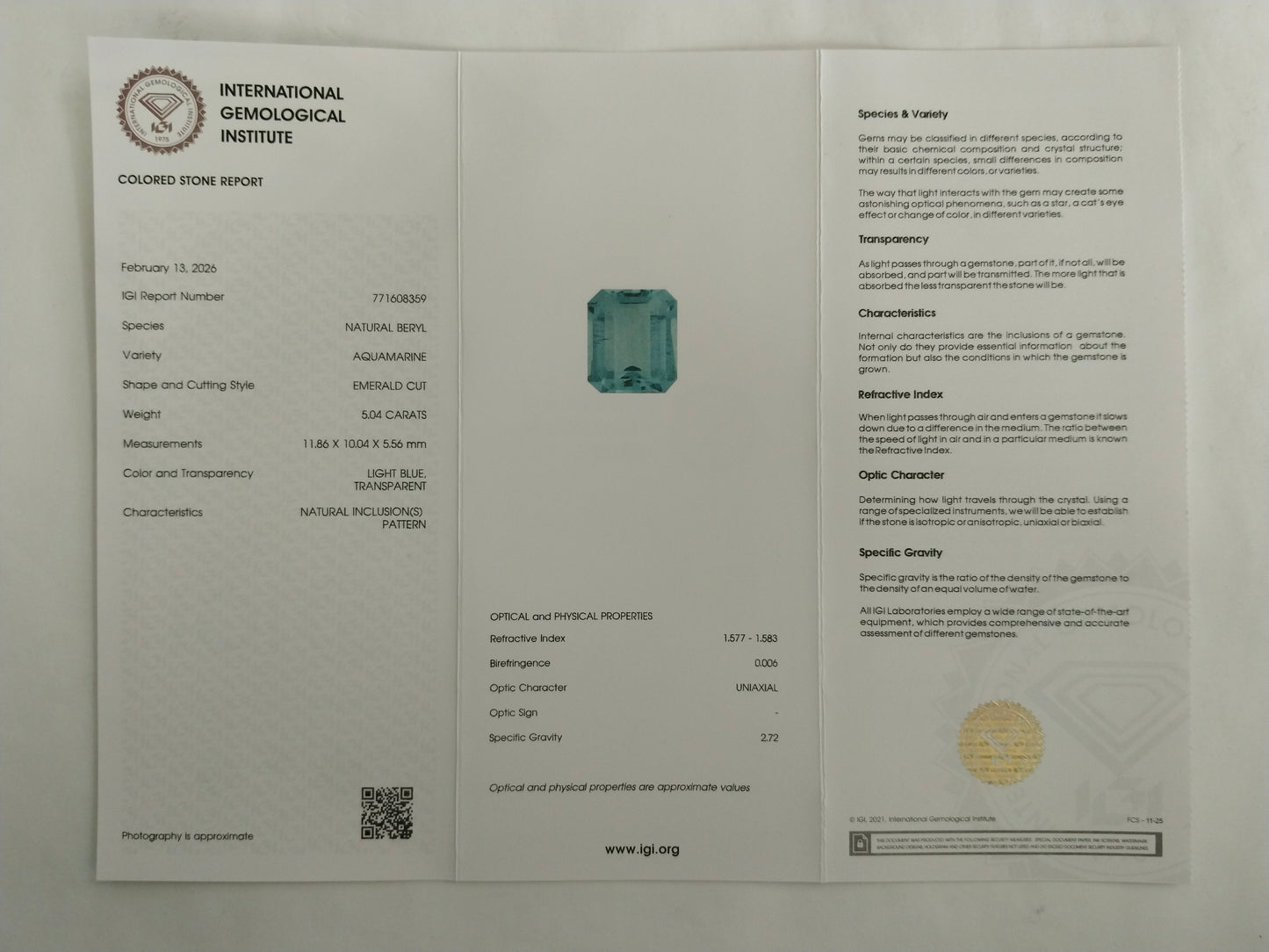 5.04 Natural Beryl Aquamarine Emerald Cut Gemstone