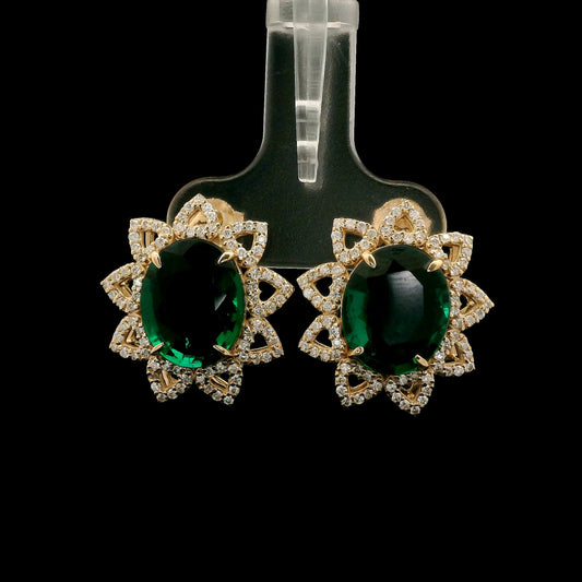 6.59 Ct Oval Mixed Cut Lab Grown Emerald 14K Gold Earrings