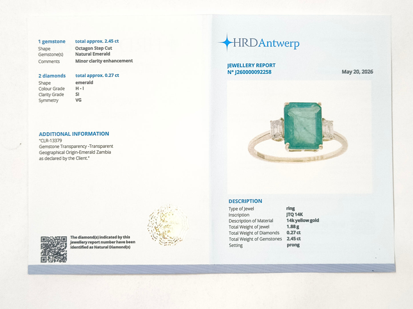 2.72 Ct Octagon Emerald 14K Gold Ring