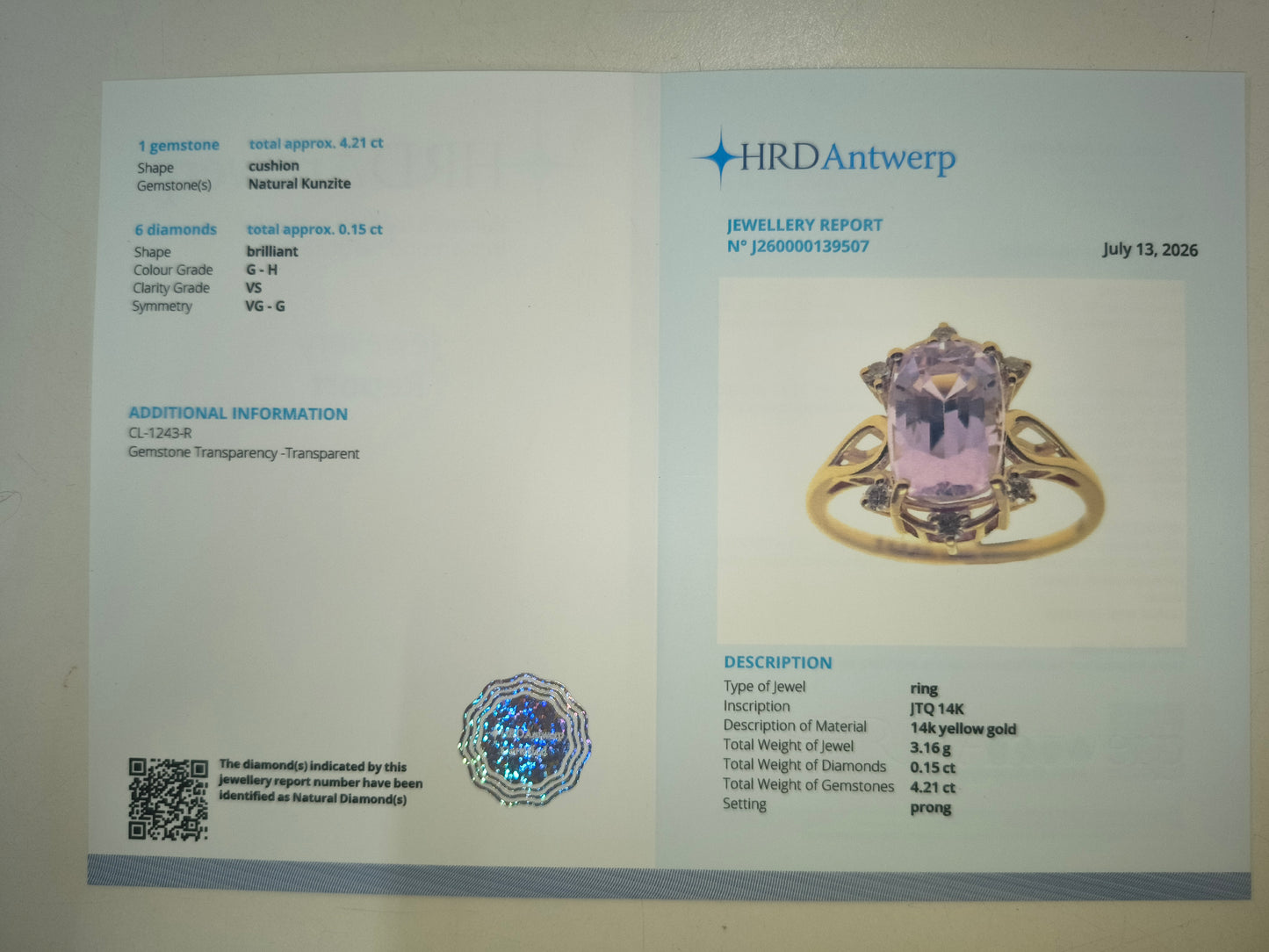 4.36 Ct Cushion Natural Kunzite 14K Gold Ring