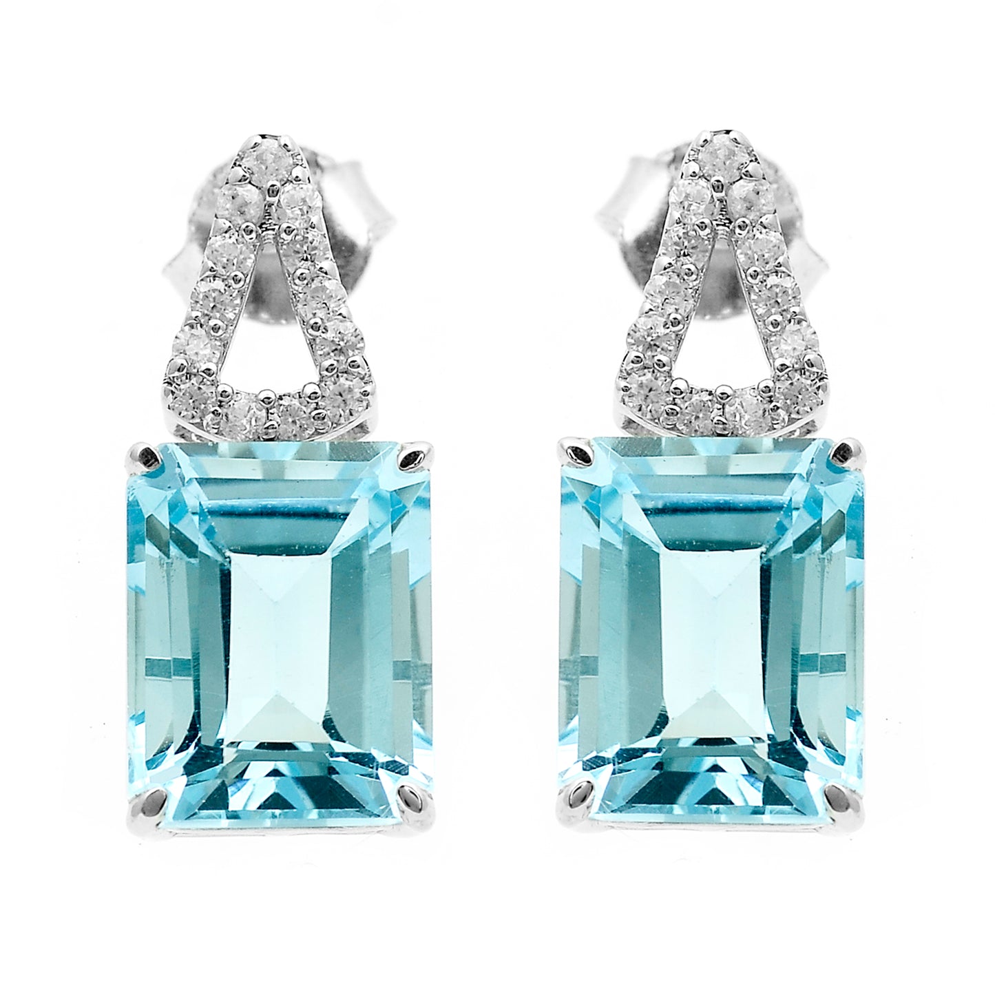 8.82 Ct Octagon Blue Topaz, White Zircon 925 Sterling Silver Earrings