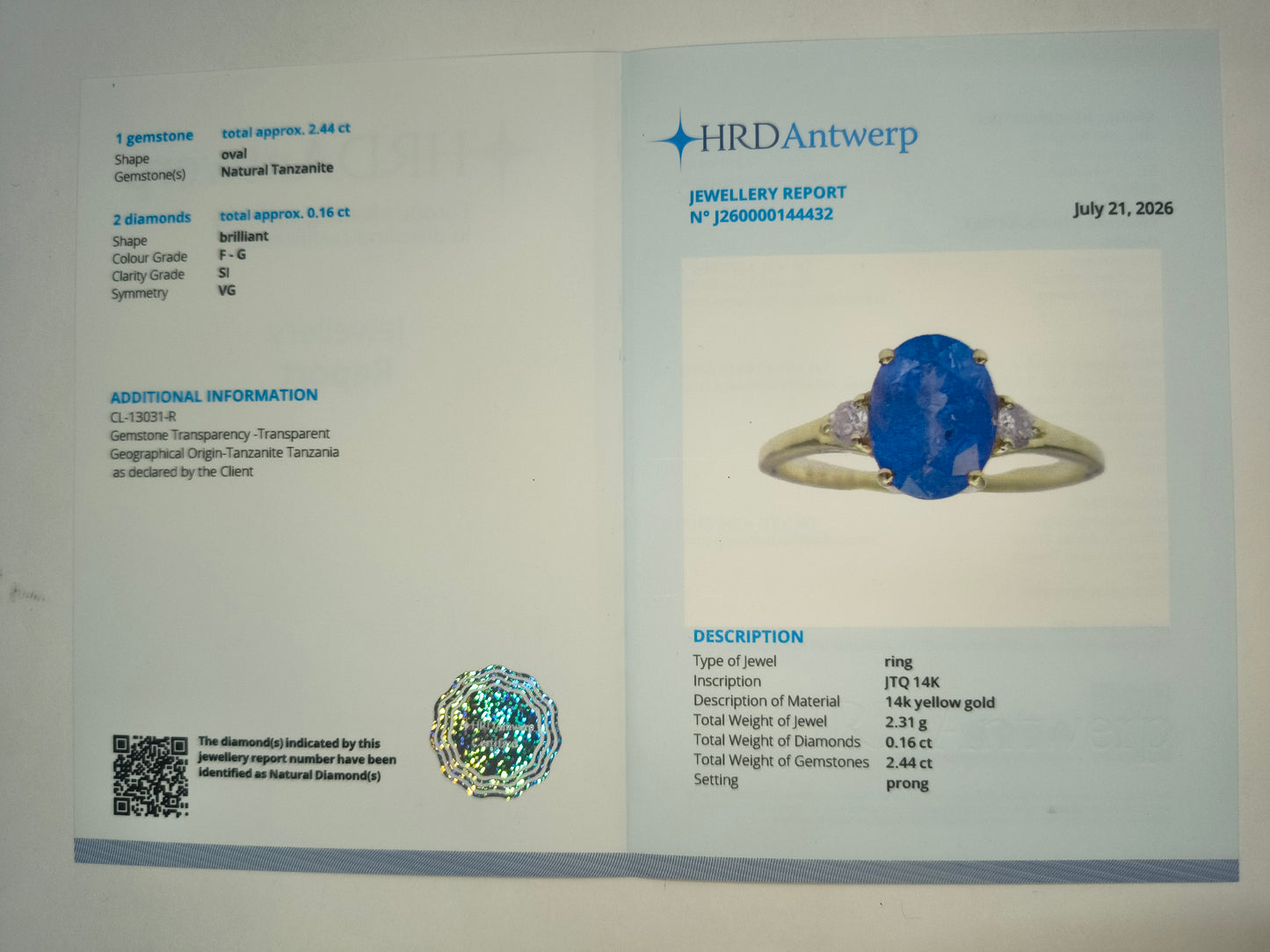 2.60 Ct Oval Natural Tanzanite 14K Gold Ring