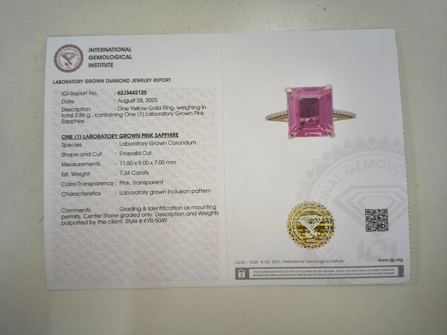 7.42 Ct Emerald Cut Lab Grown Pink Sapphire 14K Gold Ring