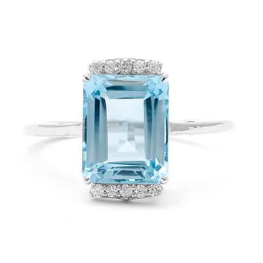 4.67 Ct Octagon Blue Topaz, White Zircon 925 Sterling Silver Ring