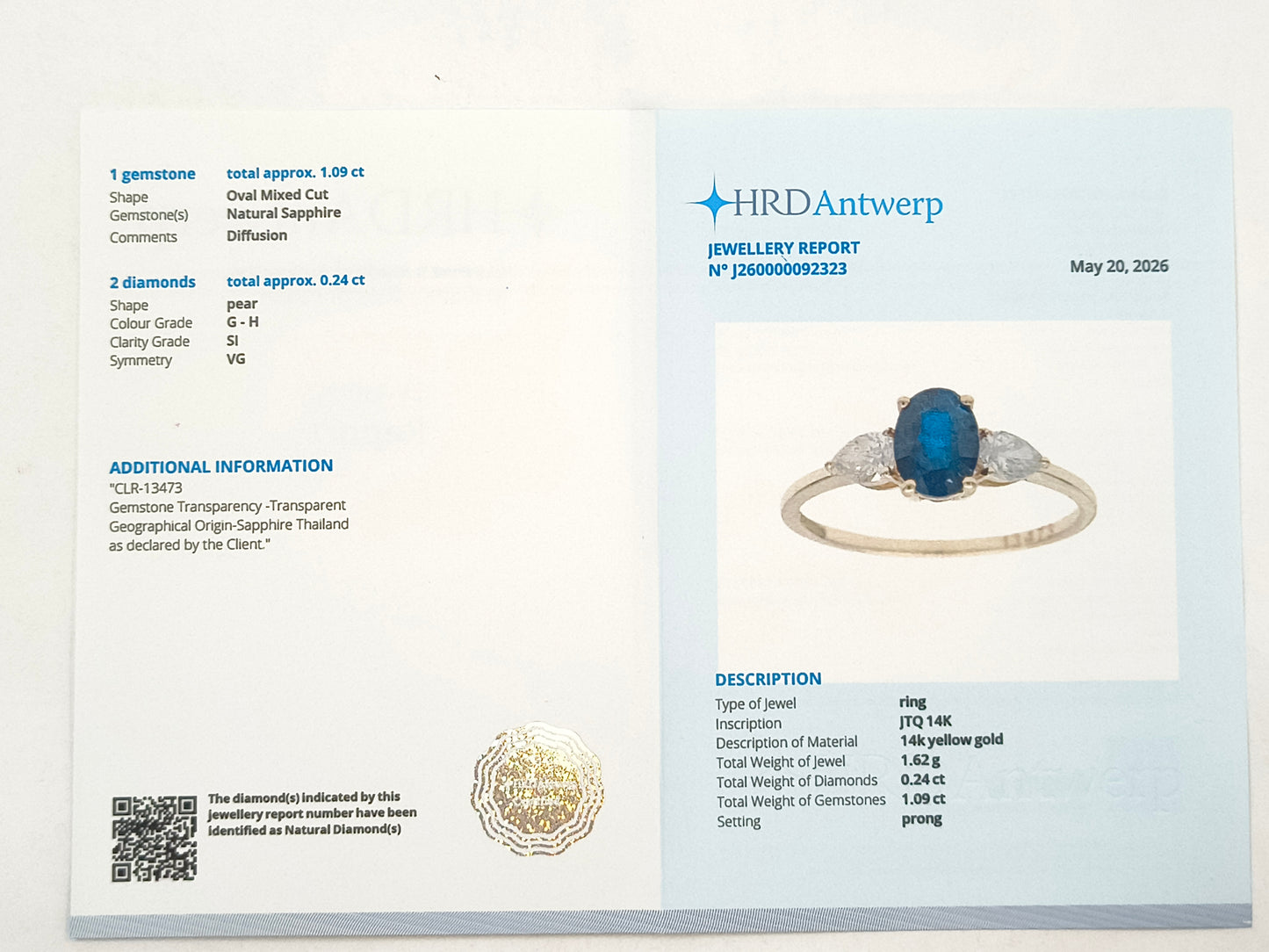 1.33 Ct Oval Sapphire 14K Gold Ring