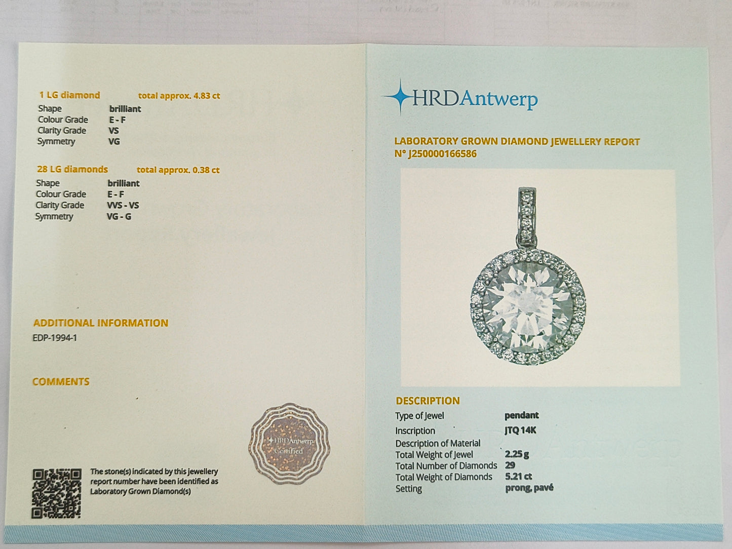 5.21 Carats Lab Grown Diamond 14K Gold Pendant