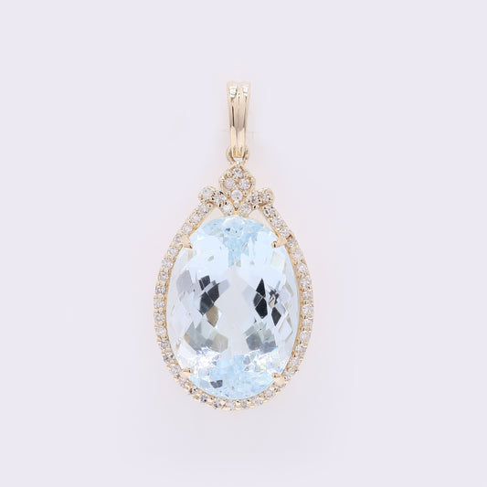 6.58 Ct Oval Mixed Cut Natural Aquamarine 14K Gold Pendant
