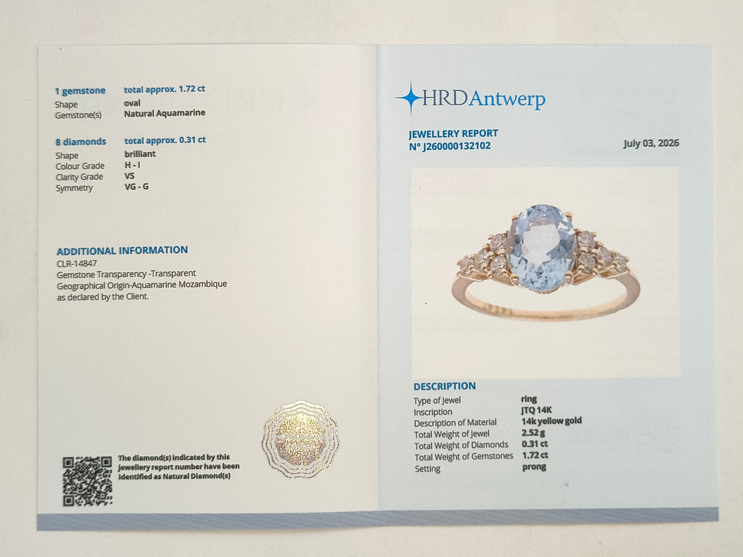 2.03 Ct Oval Natural Aquamarine 14K Gold Ring