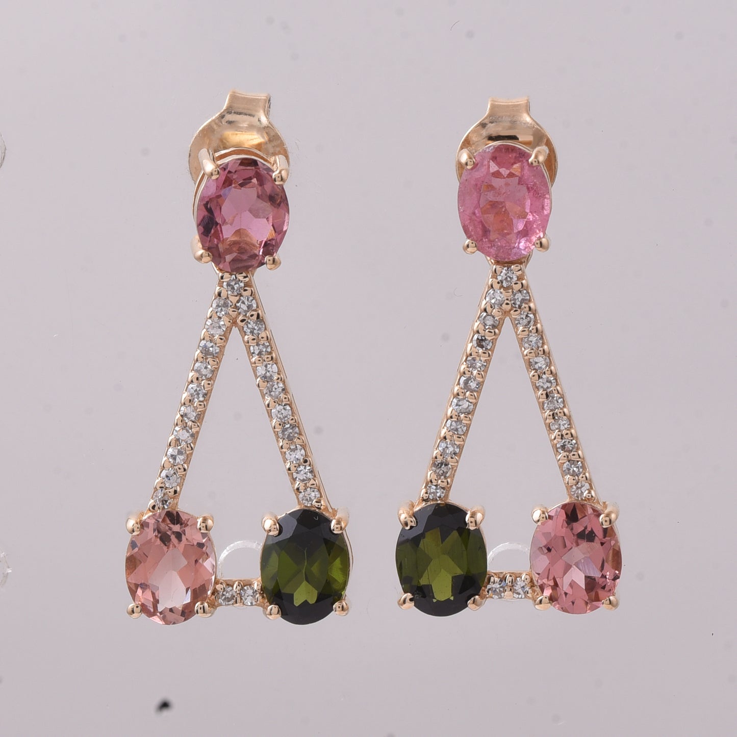 2.05 Ct Oval Mixed Cut Natural Multi-Coloured Tourmaline 14K Gold Earrings