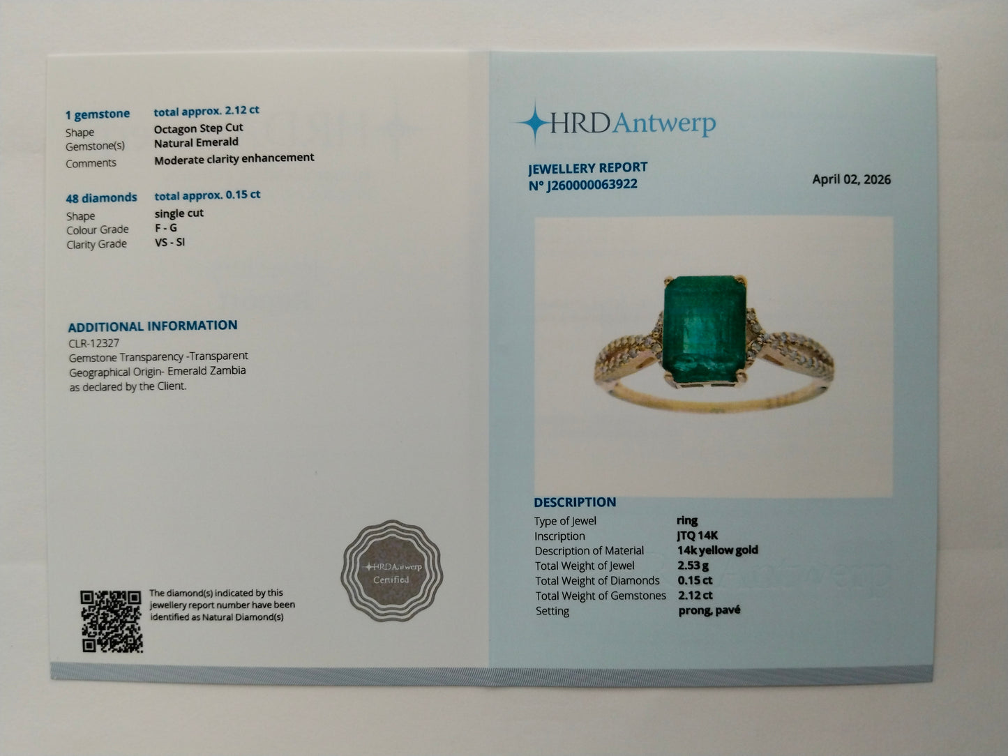 2.27 Ct Octagon Step Cut Natural Emerald 14K Gold Ring