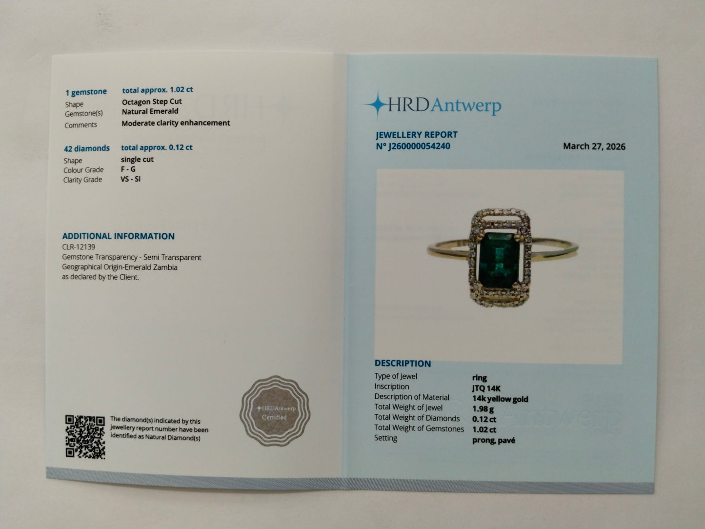 1.14 Ct Octagon Step Cut Natural Emerald 14K Gold Ring