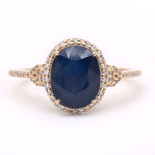 3.45 Ct Oval Mixed Cut Natural Sapphire 14K Gold Ring