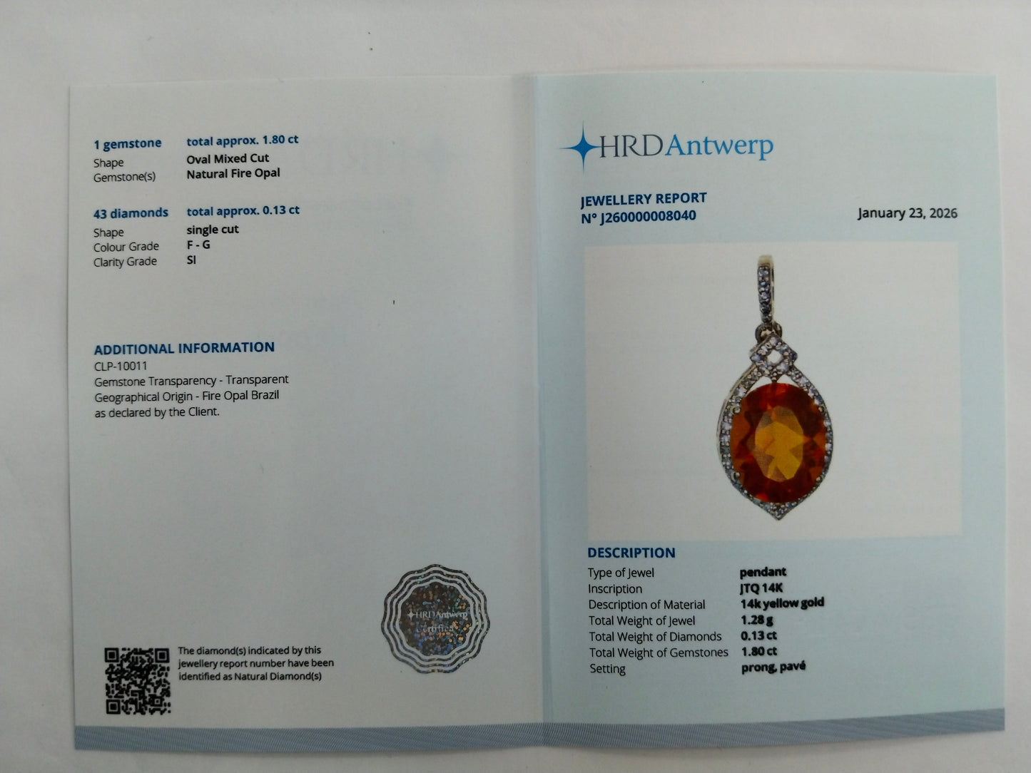 1.93 Ct Oval Mixed Cut Natural Fire Opal 14K Gold Pendant